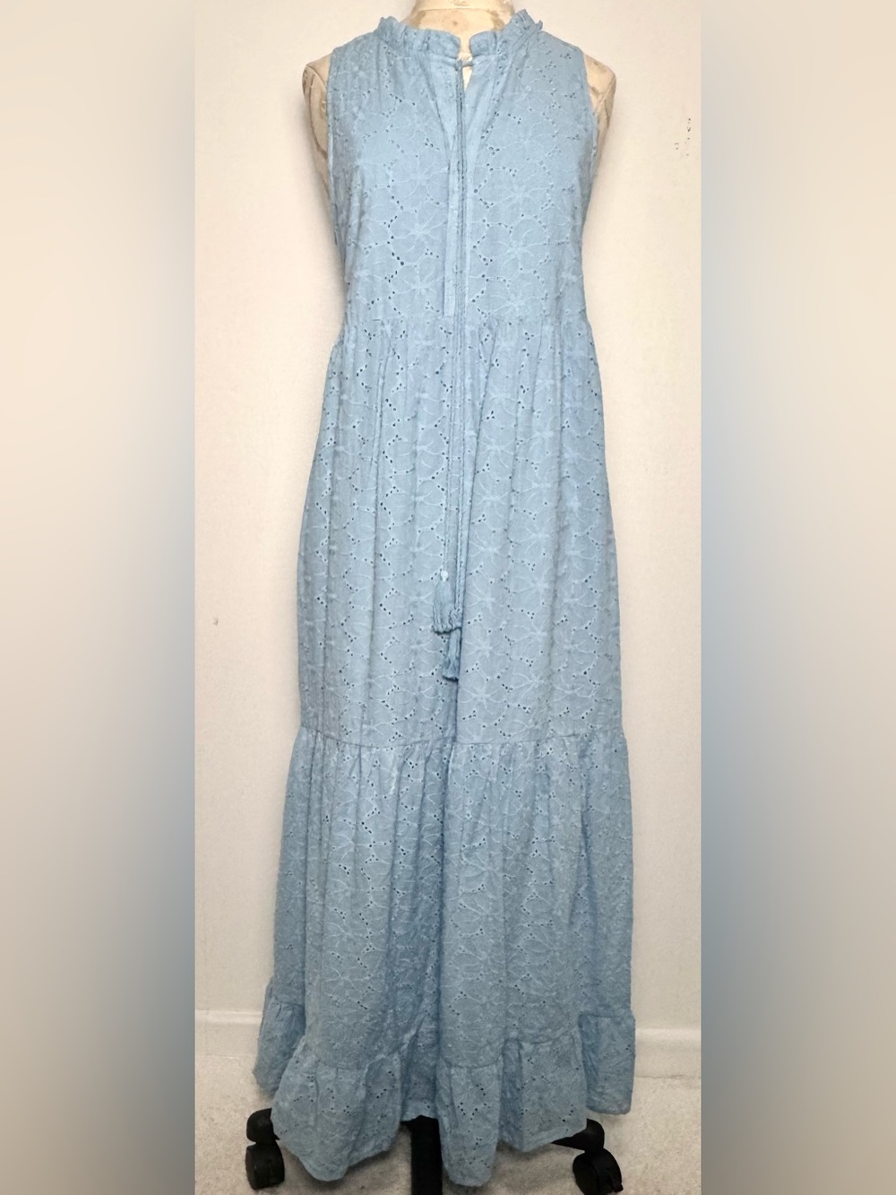 Baby Blue Eyelet Maxi Dress M Sleeveless Tiered Cotton Beachy Summer Boho NWT